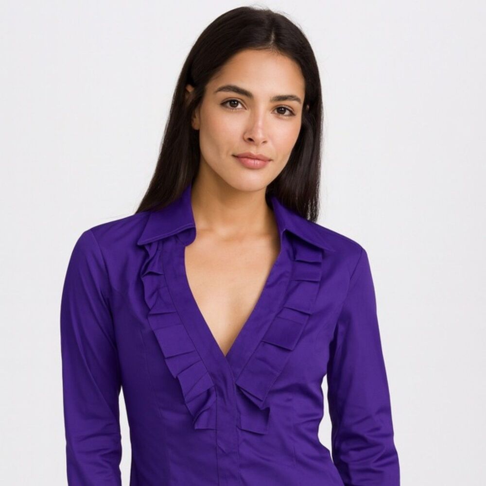 Express Design Studio Women’s Blouse Ruffle V Neck Long SLV Side Zip Purple XS